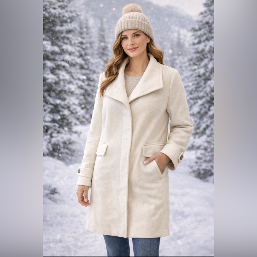 Lands’ End Cream Wool Coat Winter White Classic Tailored Size 14